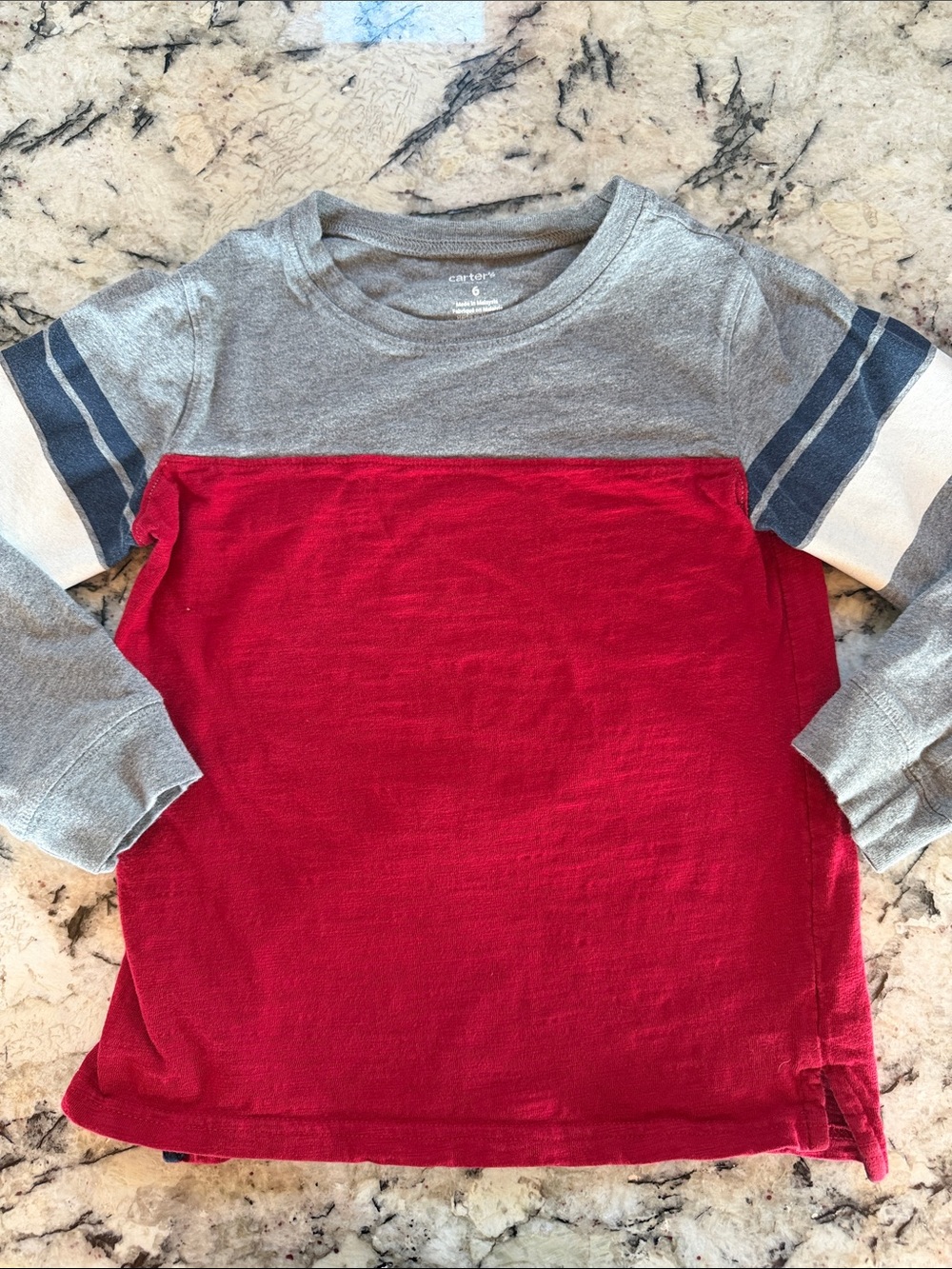 Carter's Gray and Red Long Sleeve Colorblock Tee with Stripe Sleeves